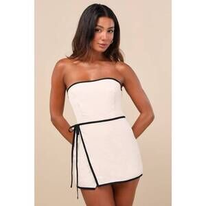 Lulus Tania Beige Strapless Skort Romper - Size L